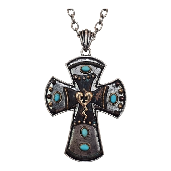 Turquoise Bead Necklace Silvertone Metal Cross Necklace 2 Piece Bundle - Picture 7 of 9